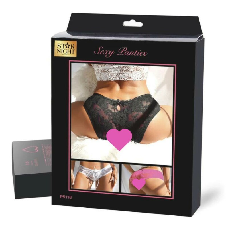 Трусики з інтимним вирізом Star Night Lace Panty мереживні зі стрічками та бантиками, чорні, XS-S - Изображение 3