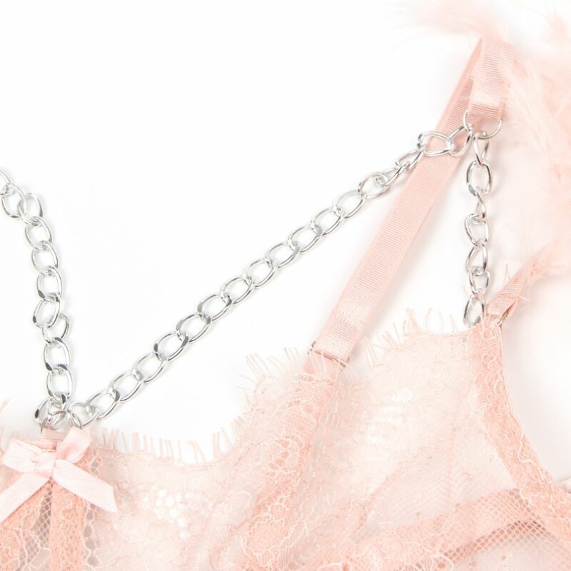 Мереживний комплект Star Night Sexy Set з пір'ям і ланцюжками, рожевий, XS-S - Зображення 3