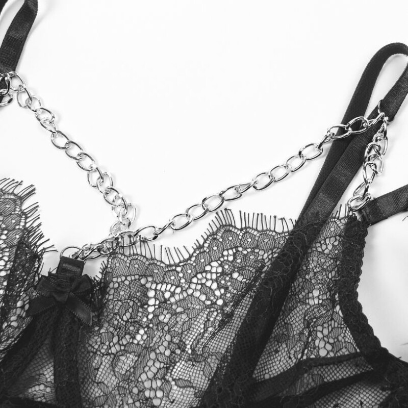 Мереживний комплект Star Night Sexy Set з пір'ям і ланцюжками, чорний, XS-S - Зображення 3