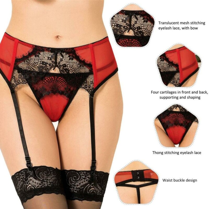 Пояс для панчіх з трусиками Star Night Garter Panty червоний з чорним мереживом, XS-S - Зображення 3