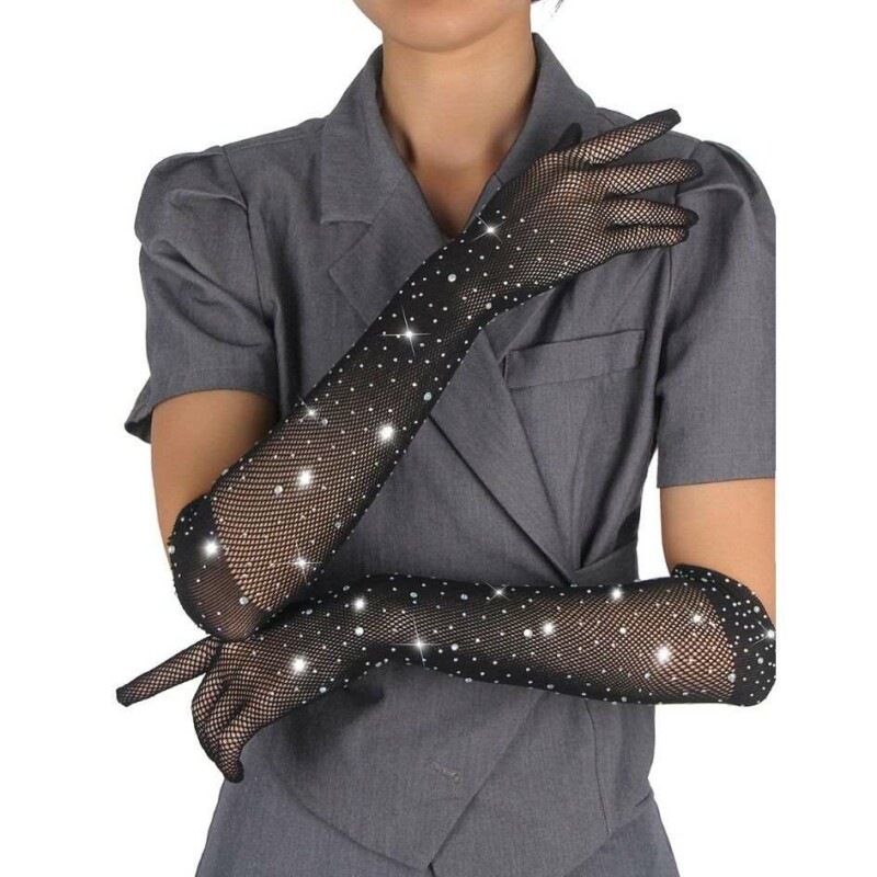 Рукавички в сітку зі стразами Star Night Glitter Rhinestone Gloves чорні, OS - Зображення 1
