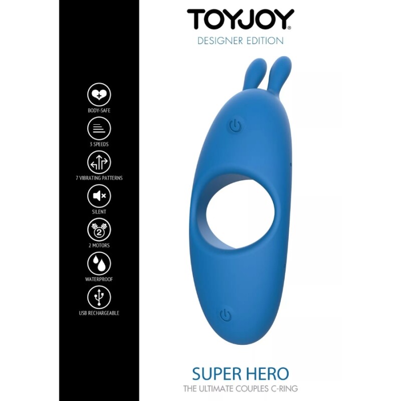 Ерекційне віброкільце ToyJoy Superhero з вушками для клітора, блакитне, 13.8 х 4 см - Зображення 1