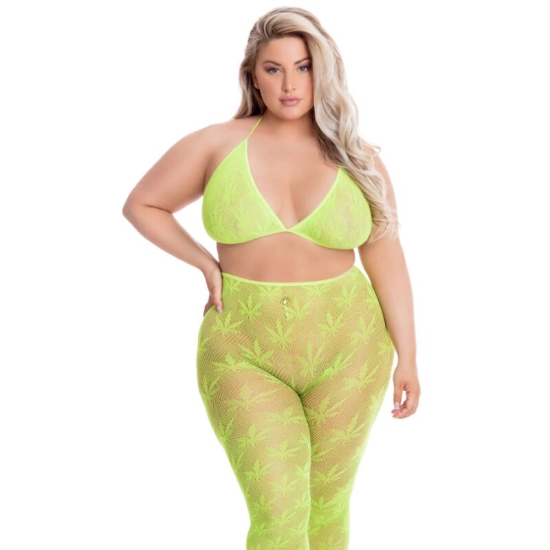 Комплект Pink Lipstick All About Leaf бюстгалтер та легінси в сіточку, зелений, Plus Size