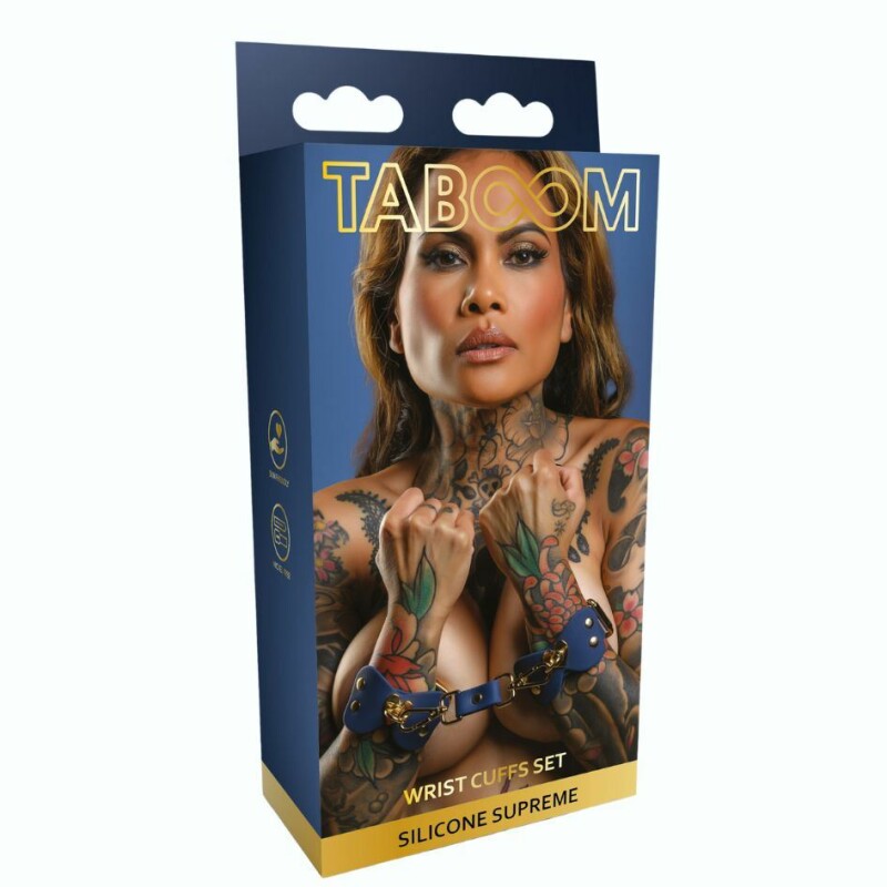 Наручники силіконові із золотою фурнітурою Taboom Silicone Supreme Silicone Wrist Cuff Set із застібками, сині, 30 см