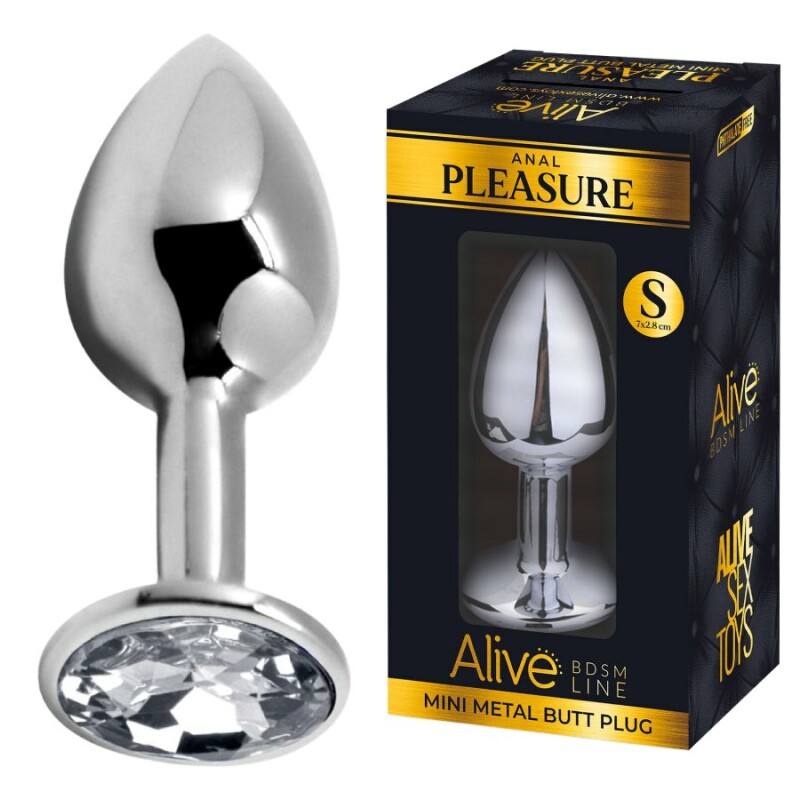 Анальна пробка Alive Anal Pleasure S, з білим каменем, срібляста, 6.3 х 2.8 см