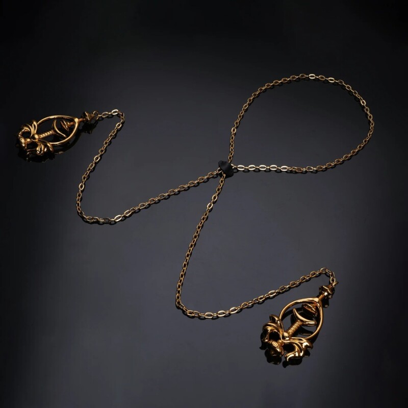 Затискачі для сосків UPKO Pulling Chain Nipple Clamps з ланцюжком-намистом, золоті - Зображення 1