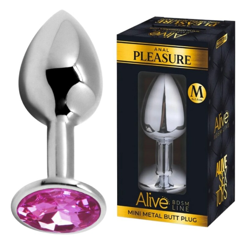 Анальна пробка Alive Anal Pleasure M, з рожевим каменем, срібляста, 8 х 3.4 см