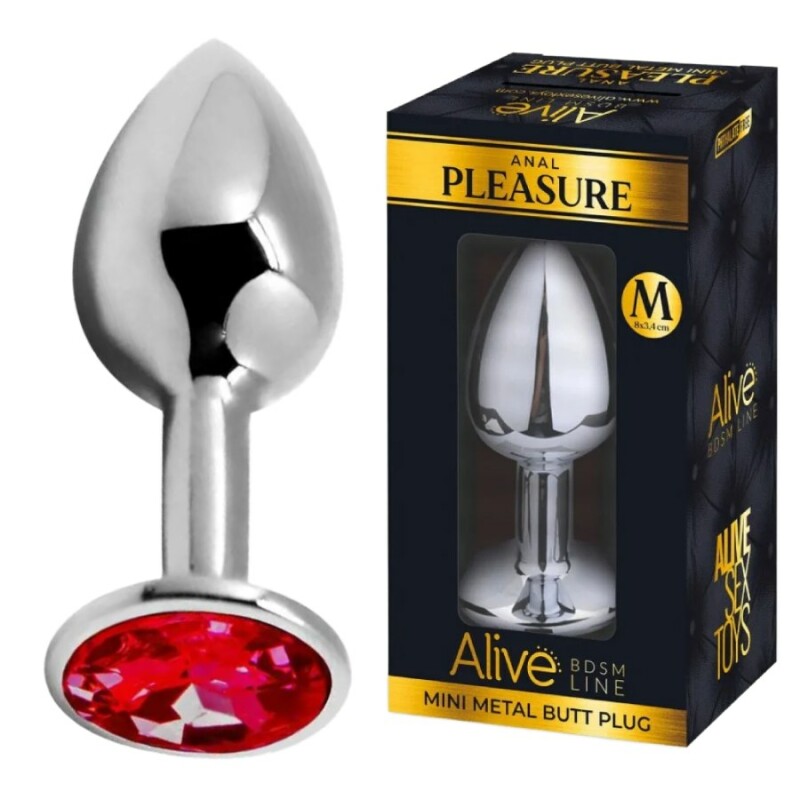 Анальна пробка Alive Anal Pleasure M, з червоним каменем, срібляста, 8 х 3.4 см - Зображення 1