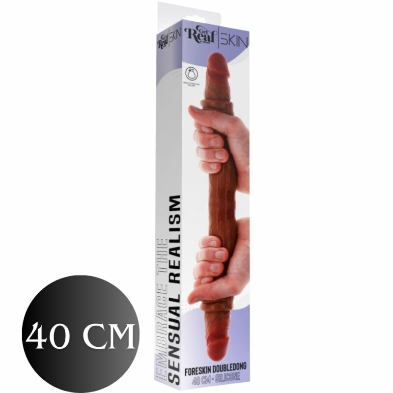 Фалоімітатор подвійний (двосторонній) ToyJoy Get Real Silicone Foreskin D-Dong  з рідкого силікону, коричневий, 40 см х 4 см