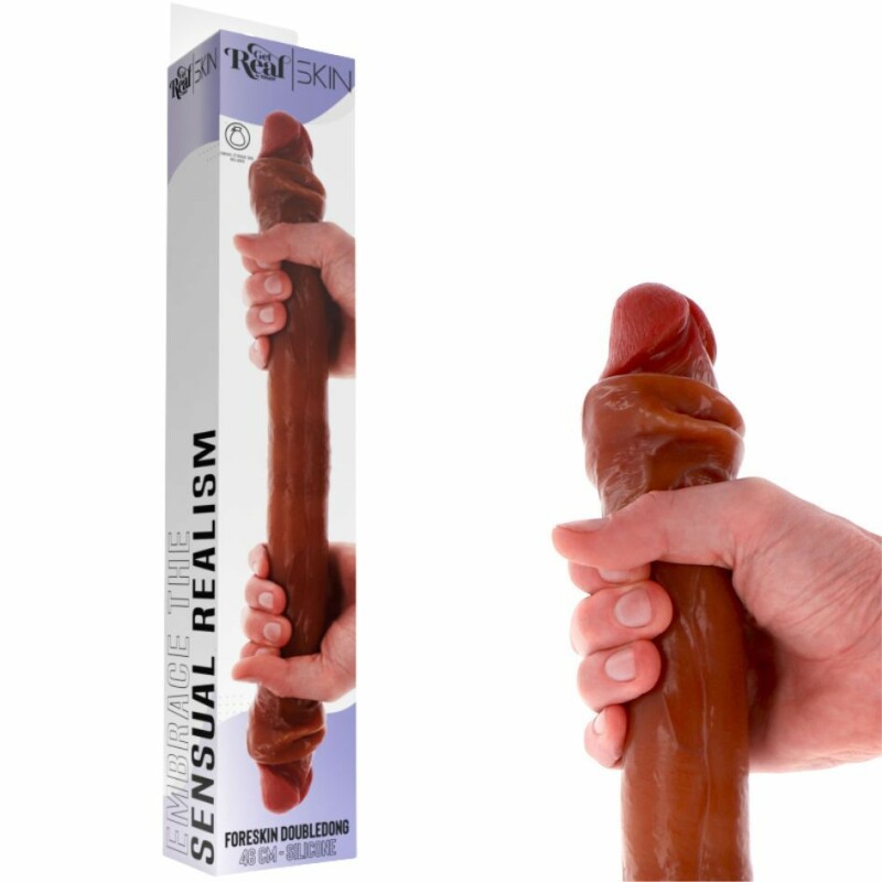 Фалоімітатор подвійний (двосторонній) ToyJoy Get Real Silicone Foreskin D-Dong з рідкого силікону, коричневий, 46 см х 4.5 см - Зображення 3