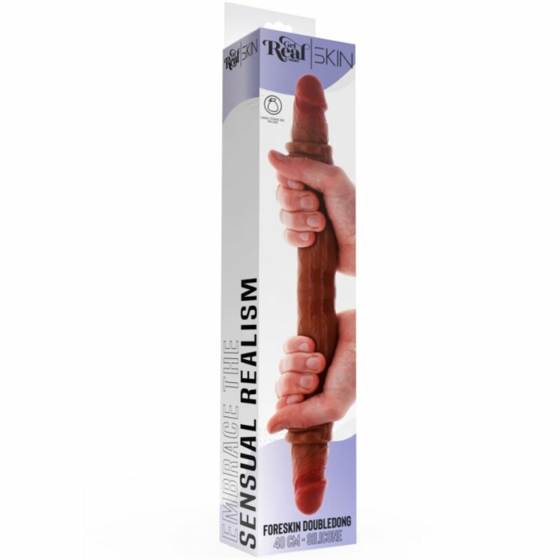Фалоімітатор подвійний (двосторонній) ToyJoy Get Real Silicone Foreskin D-Dong  з рідкого силікону, коричневий, 40 см х 4 см - Зображення 3