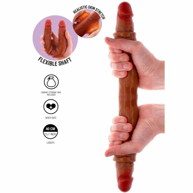 Фалоімітатор подвійний (двосторонній) ToyJoy Get Real Silicone Foreskin D-Dong  з рідкого силікону, коричневий, 40 см х 4 см - Зображення 1
