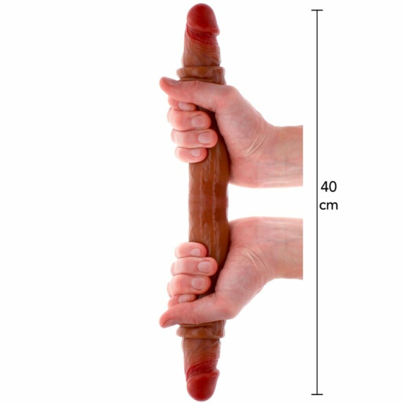 Фалоімітатор подвійний (двосторонній) ToyJoy Get Real Silicone Foreskin D-Dong  з рідкого силікону, коричневий, 40 см х 4 см - Зображення 4