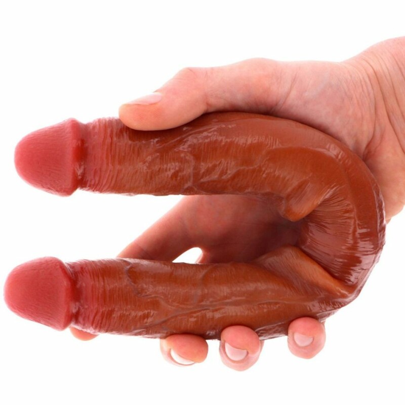 Фалоімітатор подвійний (двосторонній) ToyJoy Get Real Silicone Foreskin D-Dong  з рідкого силікону, коричневий, 35 см см х 3.5 см - Зображення 2
