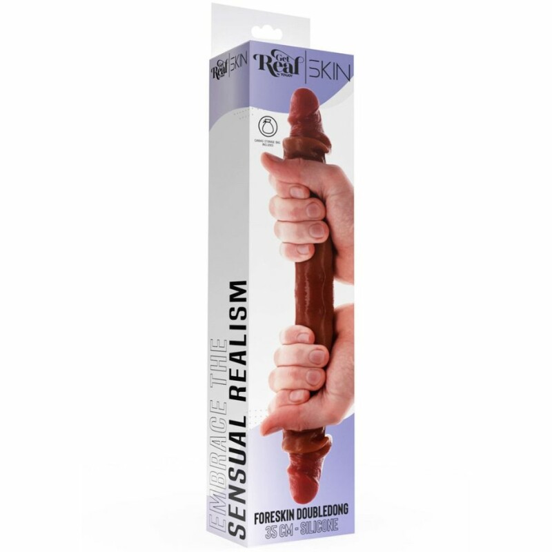 Фалоімітатор подвійний (двосторонній) ToyJoy Get Real Silicone Foreskin D-Dong  з рідкого силікону, коричневий, 35 см см х 3.5 см - Зображення 3