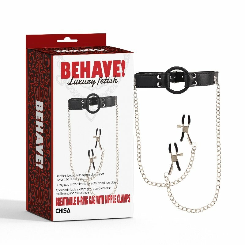 Кляп Chisa BEHAVE! Luxury Fetish з кільцем та зажимами для сосків, чорний
