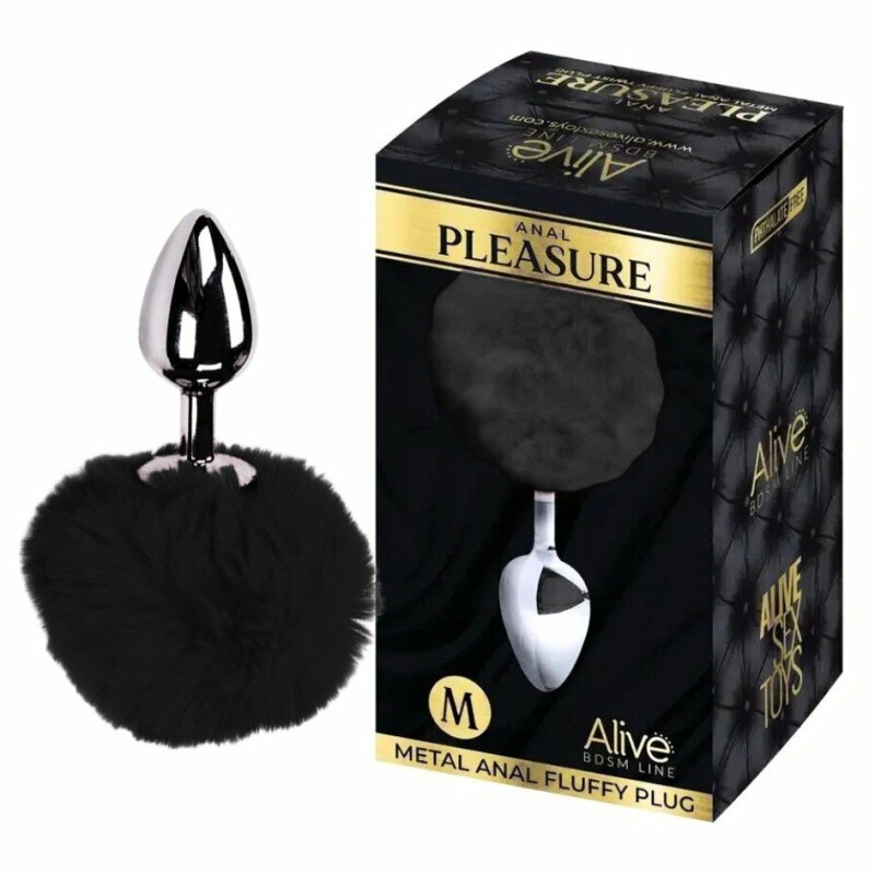 Анальна пробка Alive Anal Pleasure M з чорним хутром, срібляста, 8 х 3.5 см