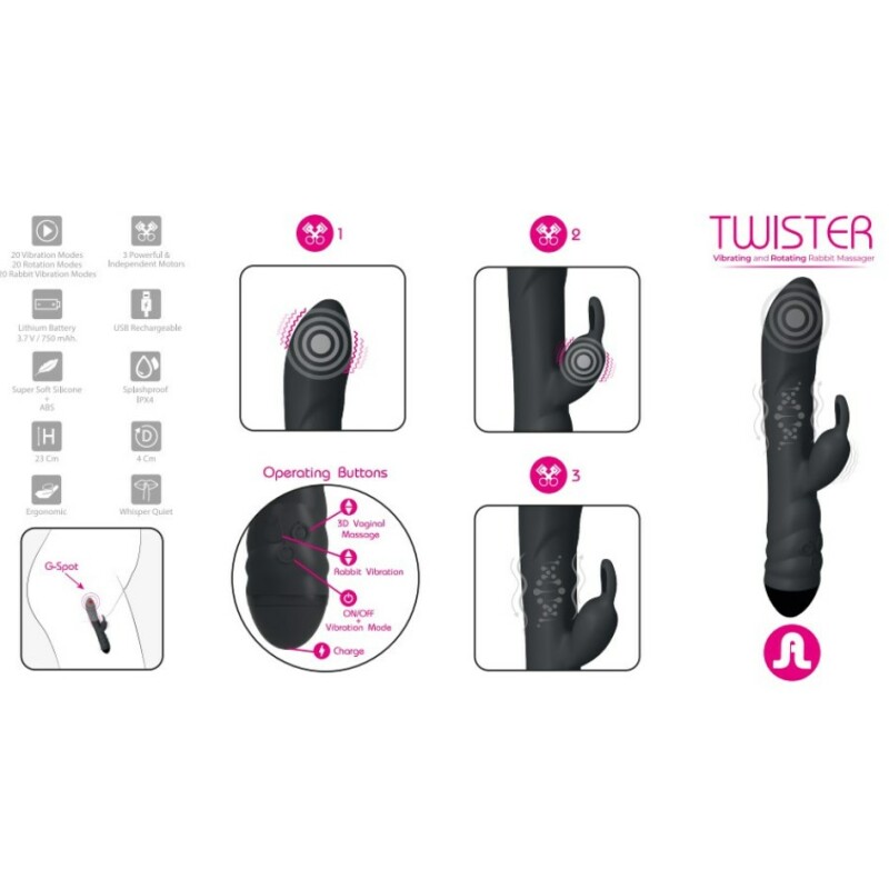 Вібратор-кролик Adrien Lastic Twister з ротацією, чорний, 23 х 4 см - Зображення 6