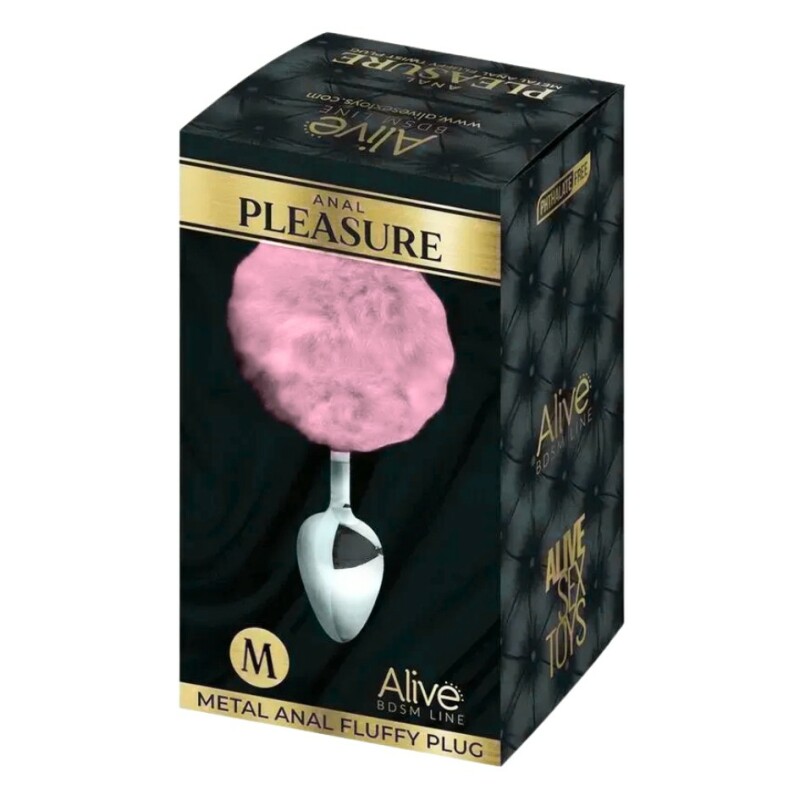 Анальна пробка Alive Anal Pleasure M з рожевим хутром, срібляста, 8 х 3.5 см - Изображение 2