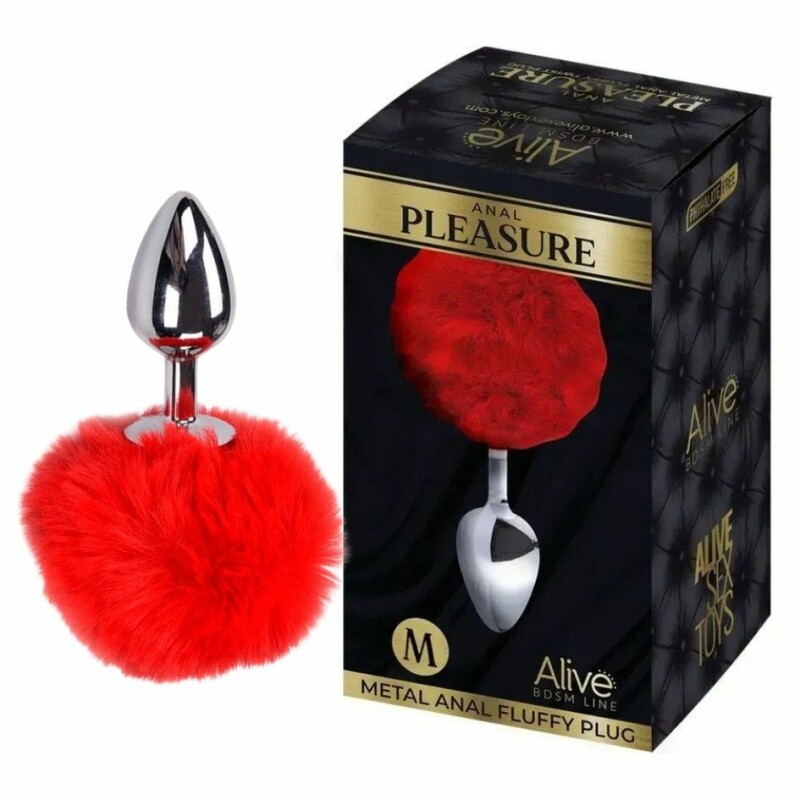 Анальна пробка Alive Anal Pleasure M з червоним хутром, срібляста, 8 х 3.5 см