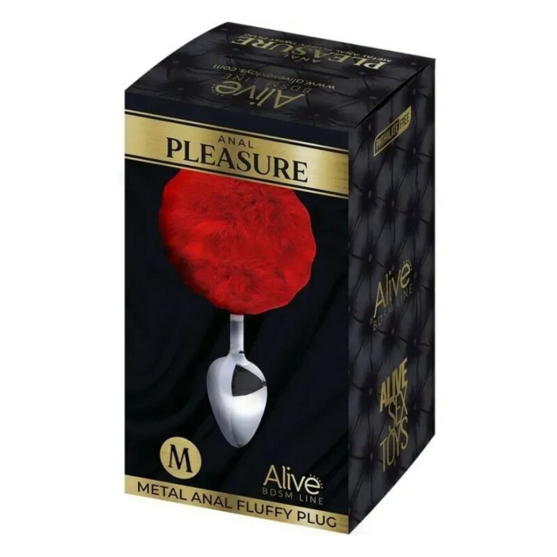 Анальна пробка Alive Anal Pleasure M з червоним хутром, срібляста, 8 х 3.5 см - Изображение 2