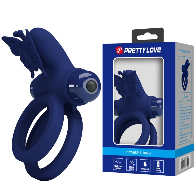 Ерекційне віброкільце Pretty Love Powerful Ring подвійне, з метеликом, блакитне, 8.6 х 3.8 см