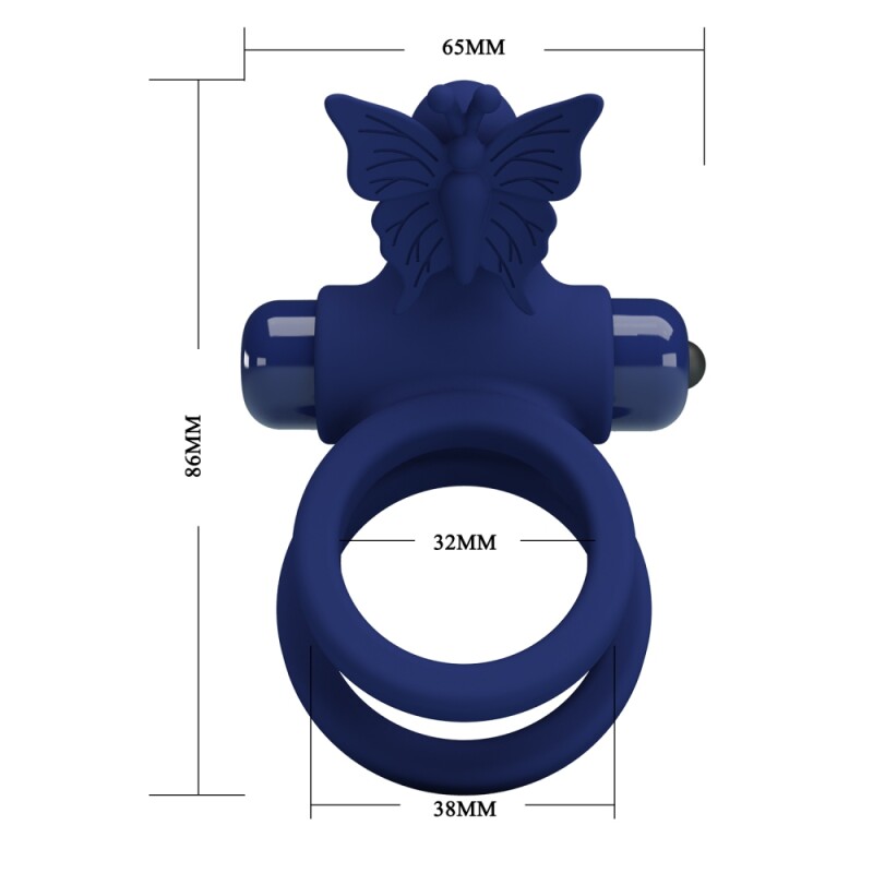 Ерекційне віброкільце Pretty Love Powerful Ring подвійне, з метеликом, блакитне, 8.6 х 3.8 см - Изображение 7