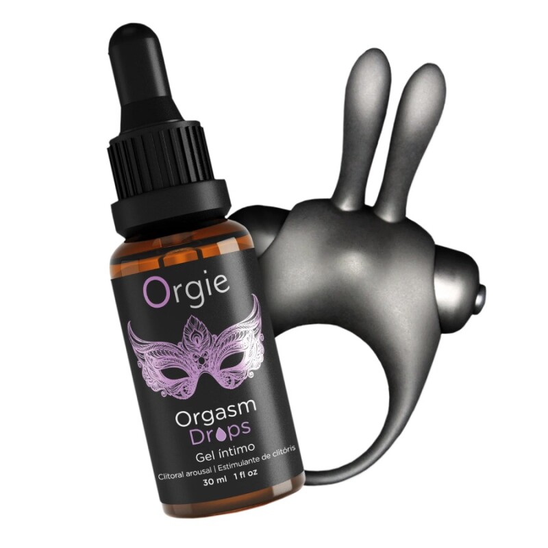 Набір Orgie Orgasmic Bunny ерекційне віброкільце та краплі для клітора, чорний - Зображення 1