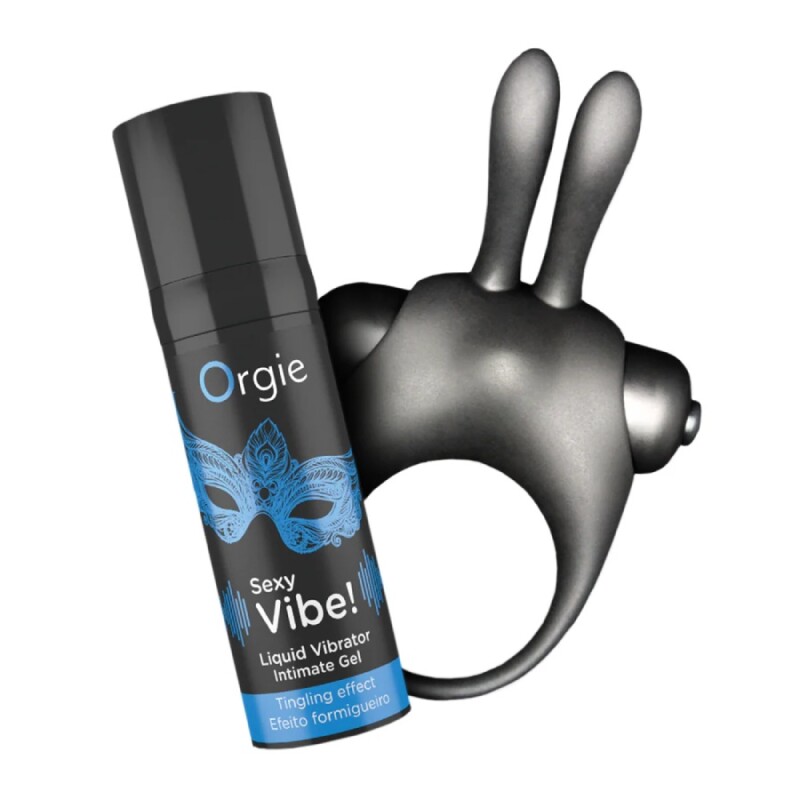 Набір Orgie Vibe! Bunny ерекційне віброкільце та рідкий вібратор, чорний - Зображення 1