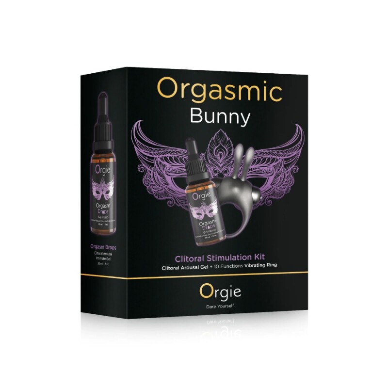 Набір Orgie Orgasmic Bunny ерекційне віброкільце та краплі для клітора, чорний