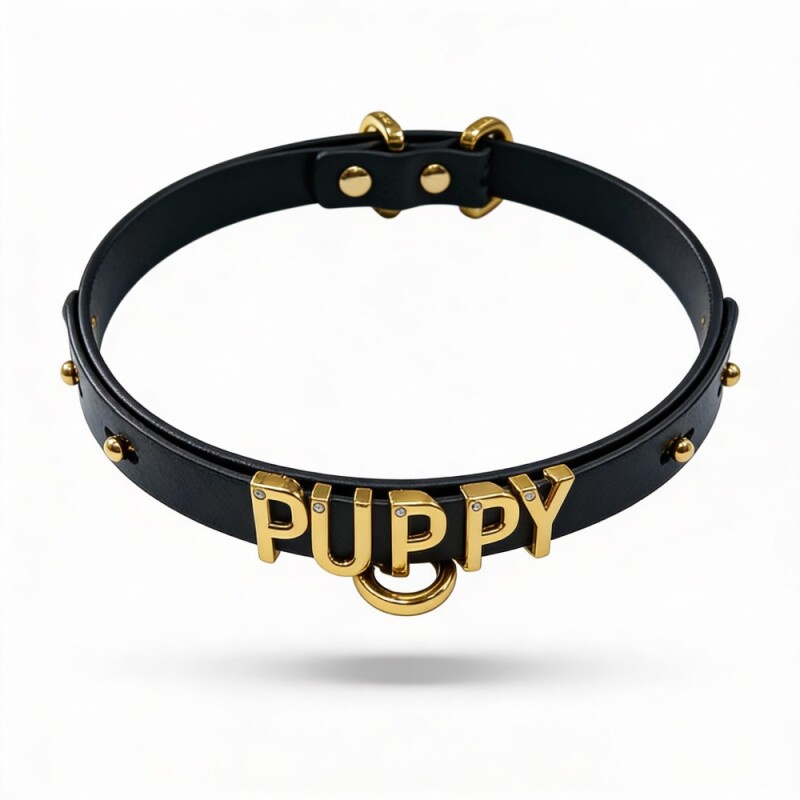 Чокер з написом PUPPY від UPKO з італійської шкіри, чорний з золотою фурнітурою - Зображення 3