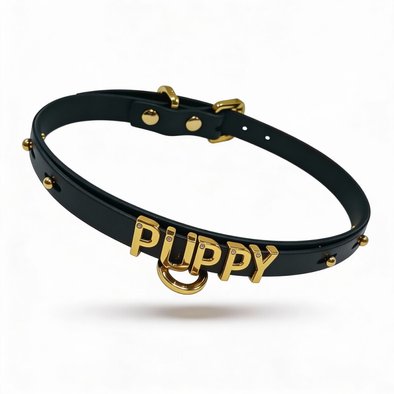 Чокер з написом PUPPY від UPKO з італійської шкіри, чорний з золотою фурнітурою - Зображення 4