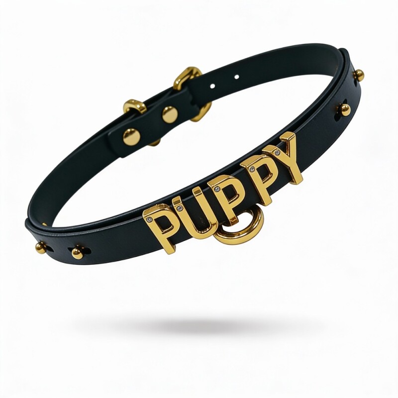 Чокер з написом PUPPY від UPKO з італійської шкіри, чорний з золотою фурнітурою - Зображення 5