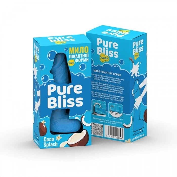 Мило у формі пеніса Pure Bliss Coco Splash з ароматом кокоса, блакитне, 15 х 3.4 см - Изображение 1