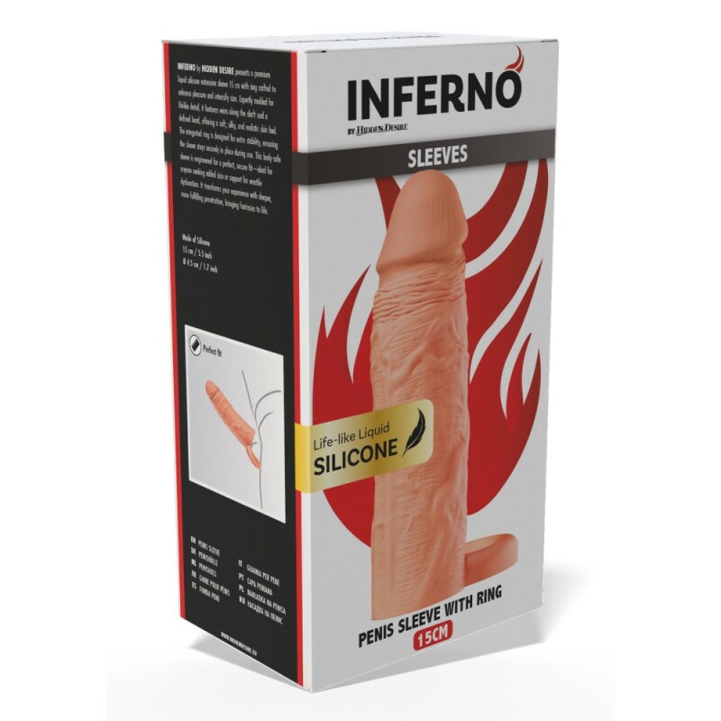 Насадка на пеніс Hidden Desire Inferno з кільцем на мошонку, бежева, 15 х 3.5 см - Зображення 1