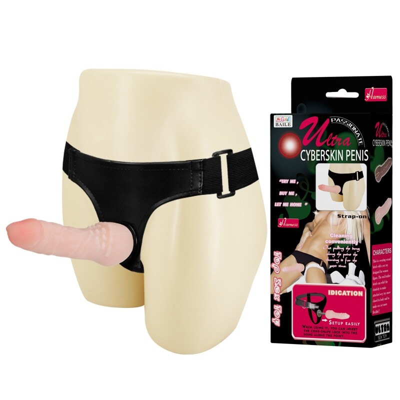 Страпон на трусиках BAILE Ultra Cyberskin Penis рельєфний, бежевий, 16 х 3,3 см