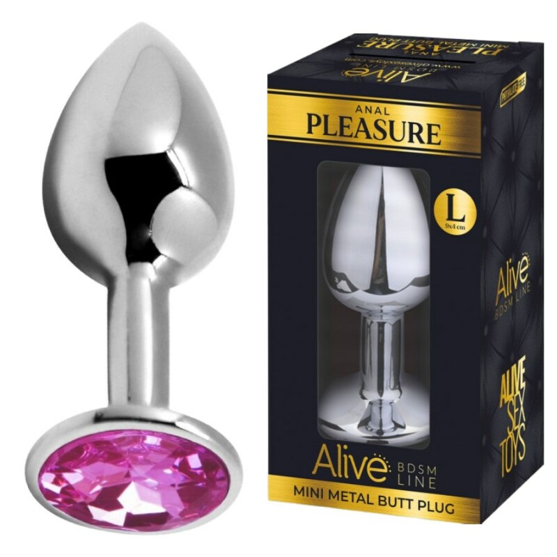 Анальна пробка Alive Anal Pleasure L, з рожевим каменем, срібляста, 9 х 4 см