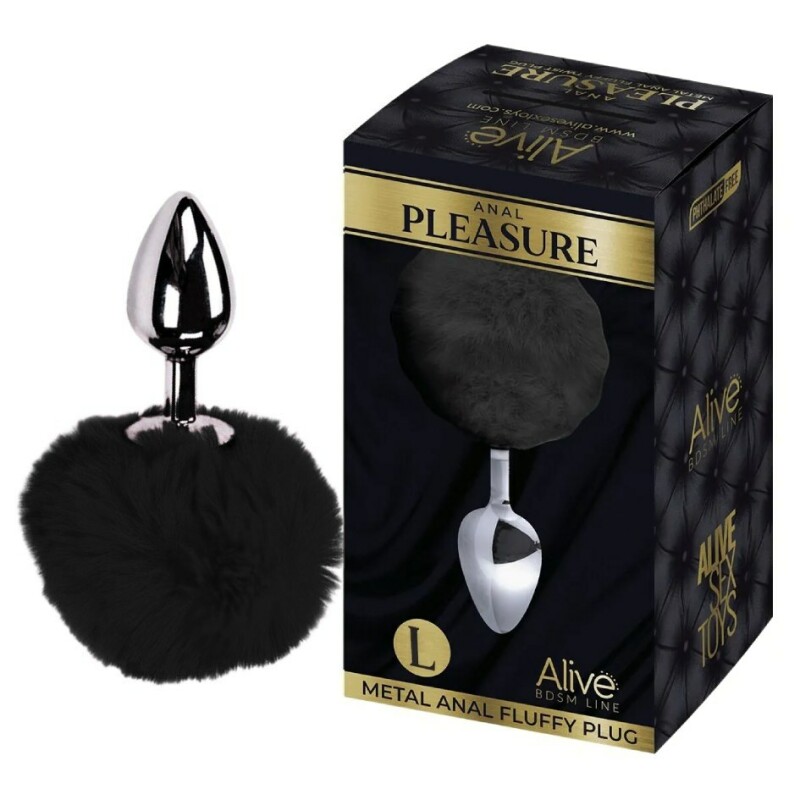 Анальна пробка Alive Anal Pleasure L з чорним хутром, срібляста, 9 х 4 см
