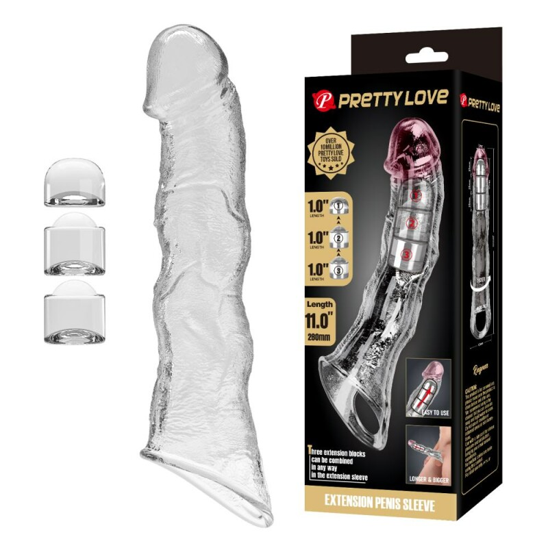 Насадка на пеніс Pretty Love Extension з трьома подовжувачами, прозора, 28 х 5.2 см