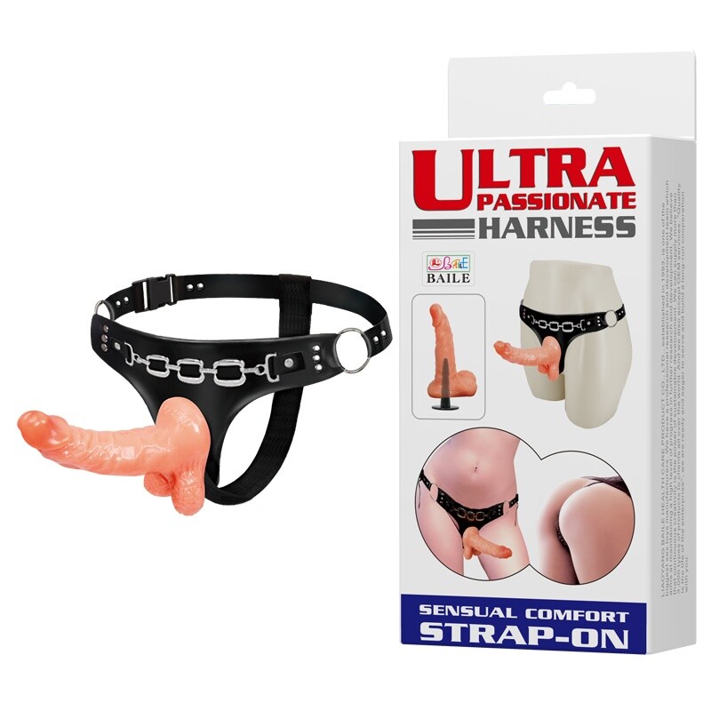 Страпон на трусиках BAILE Ultra Passionate Harness з мошонкою, бежевий, 15.7 х 3 см