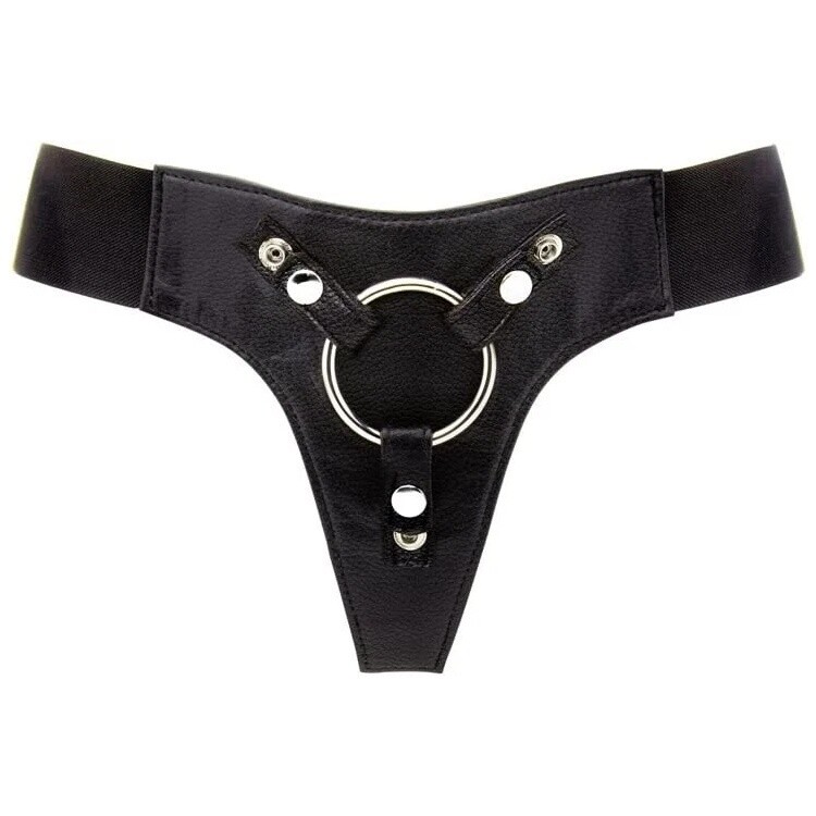 Трусики для страпона REALROCK Elastic Harness з кільцем, шкірячі, чорні, One Size - Зображення 1