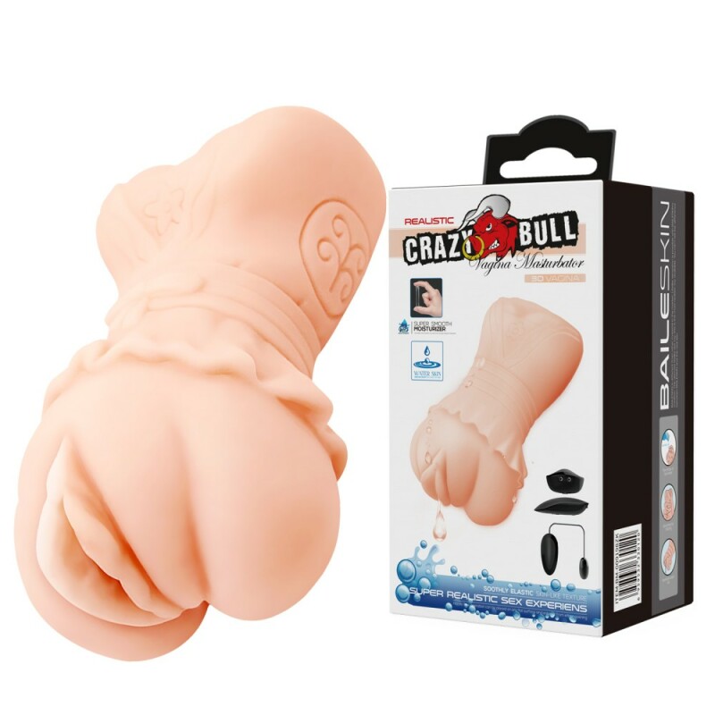 Мастурбатор-вагіна CRAZY BULL 3D Vagina з вібрацією, бежевий, 14 х 6 см