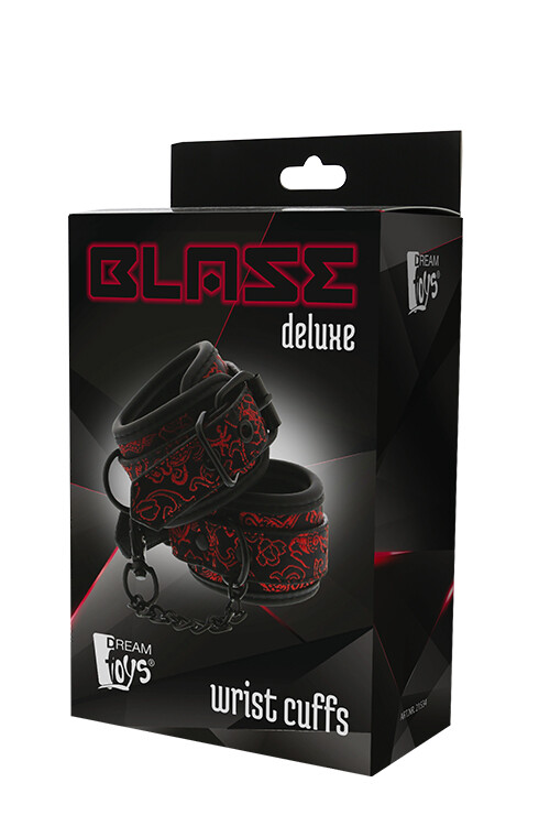 Наручники з неопрену Dream Toys Blaze Deluxe з червоною вишивкою, чорні, 34 х 5 см - Зображення 1