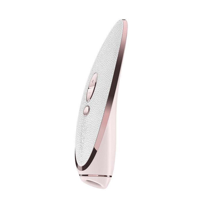 Вакуумний стимулятор Satisfyer Luxury Pret-a-Porter White зі вставкою зі шкіри, рожево-білий, 19.2 х 4 см