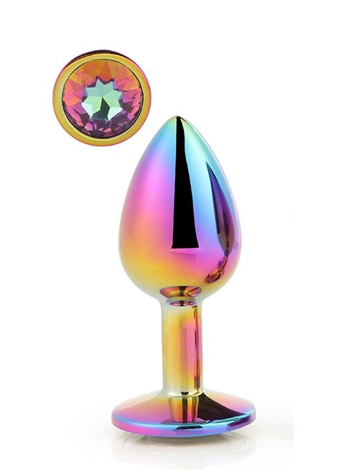 Анальна пробка Dream Toys, M, з різнокольоровим каменем, райдужна, 8.3 х 3.4 см