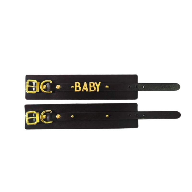Наручники з написом BABY від UPKO з італійської шкіри, чорні з золотою фурнітурою