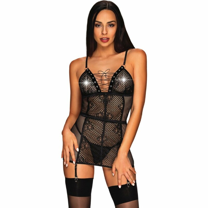 Сорочка в сітку Obsessive Basitta, L/XL, зі шнурівкою, чорна - Зображення 3