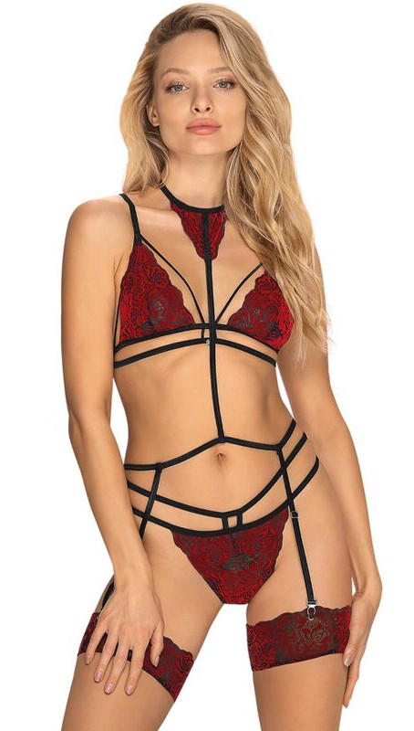 Комплект мереживний з поясом-чокером для панчіх Obsessive Sugestina, червоний, L/XL