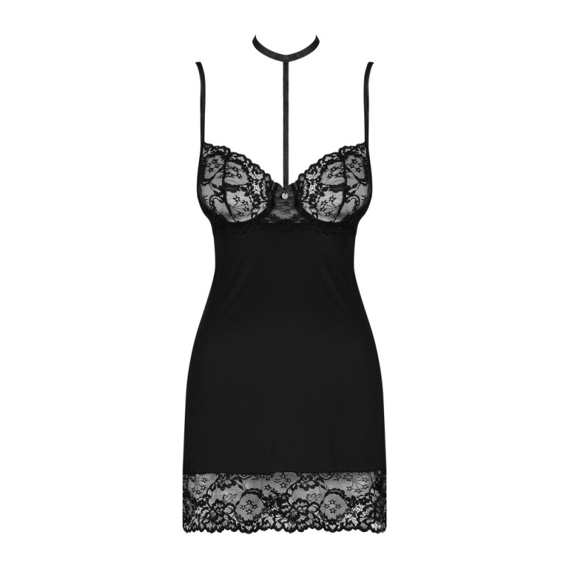Сорочка з мереживним ліфом та чокером Obsessive Raquelia, чорна, L/XL - Зображення 3