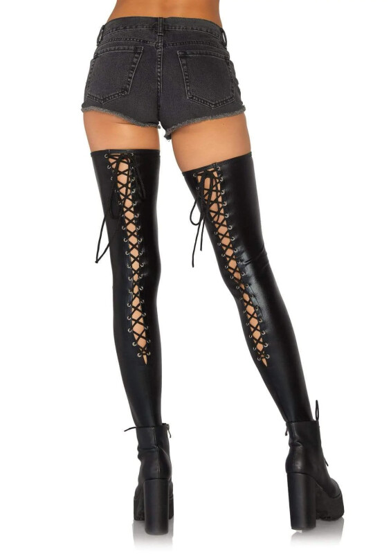 Панчохи зі шнурівкою Leg Avenue Wetlook, чорні, S/M - Зображення 2
